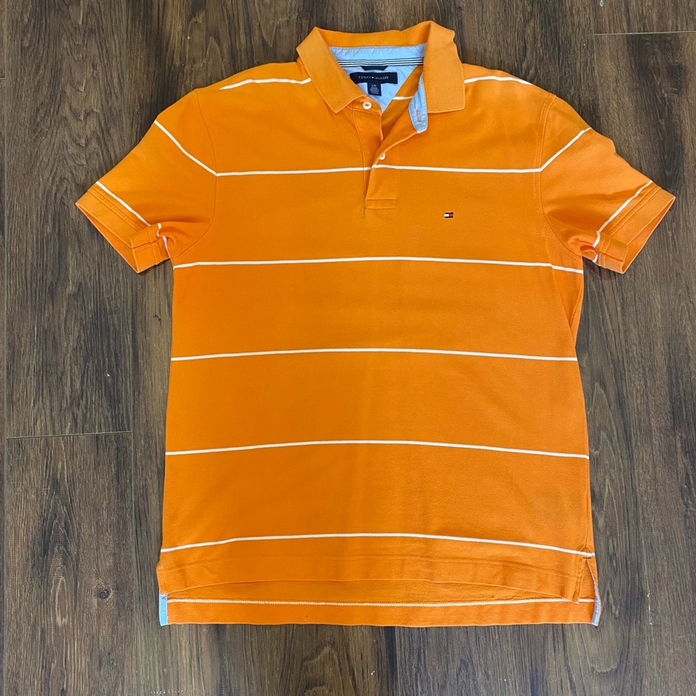 Tommy Hilfiger men’s polo shirt size large orange striped shirt sleeve cotton